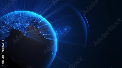 Glowing blue coastlines fine light rays define Earth, leaving for text on the right. telecom promotions, global economy stories, corporate presentations, geography explainers, and broadcast graphics.