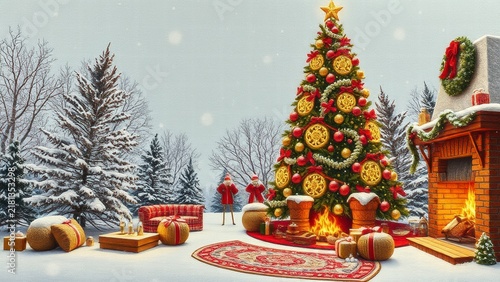 Festive outdoor Christmas tree with snow and fireplace