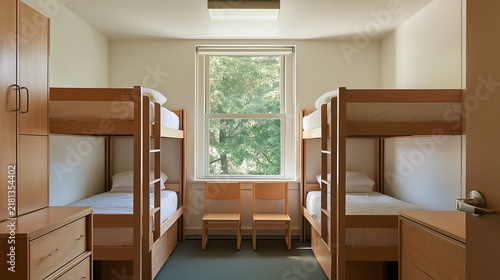 Bright hostel room with two wooden bunk beds and central aisle