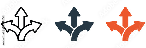 Direction arrow icon with multiple paths illustrating choice, decision making, navigation, strategy, route planning, and modern vector design