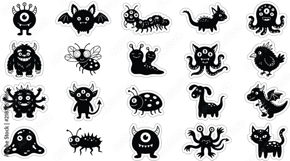 Obraz premium Cute monster sticker set, 20 black and white creature icons, whimsical alien and beast illustrations, cartoon monster vector graphics