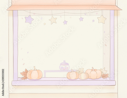 かぼちゃを飾ったかわいいハロウィンショップウィンドウ背景 手描きイラスト