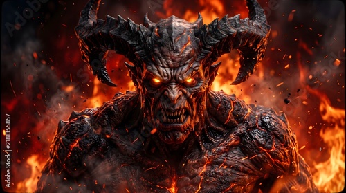 Fearsome horned demon monster with glowing eyes emerging from intense flames
