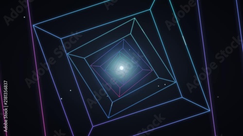 Futuristic neon square tunnel background with glowing light and perspective depth for abstract digital motion design