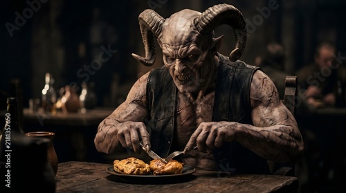A terrifying horned demon sitting at a wooden table in a dark tavern eating a meal with cutlery