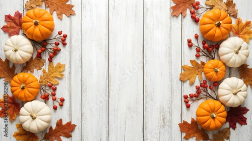 Autumn background with orange and white pumpkins and colorful fall leaves on rustic white wooden planks