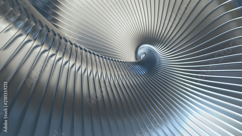 Chrome spiral and twisted pattern background with shiny reflecting stripes, 3D render illustration.