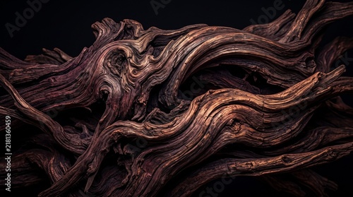 Horizontal macro photo of intricate twisted dark brown tree roots and weathered wood texture on a dark background