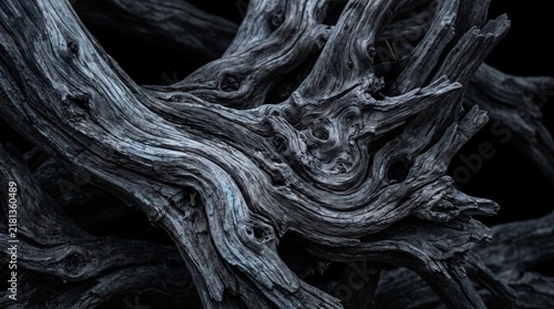 Horizontal macro photo of a weathered gray and blue toned driftwood texture with unique patterns on a dark background
