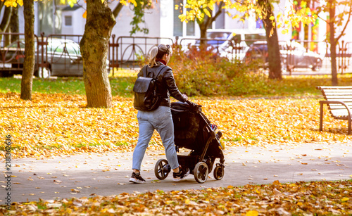 Obraz na płótnie Mother wheeling a pram in the Park