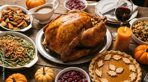 Traditional roasted thanksgiving turkey dinner with sides and pumpkin pie on a rustic wooden table