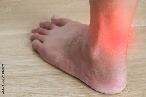 Ankle pain and inflammation affecting the foot and ankle joint. Red highlighted skin illustrates discomfort associated with injury, swelling, or tendon problems.