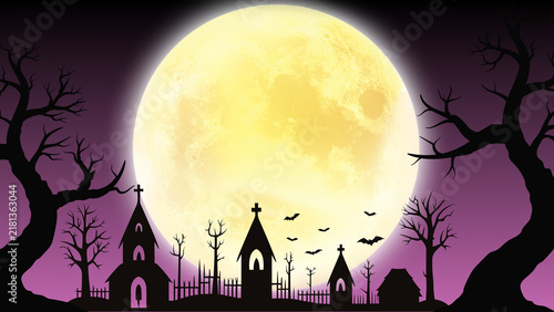 Spooky graveyard silhouette background presentation with giant glowing full moon