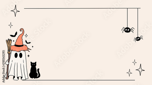 Cute minimalist halloween frame background presentation with ghost cat and hanging spiders