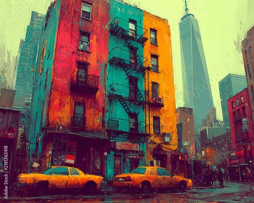 Vibrant New York City street scene with colorful building and taxis.