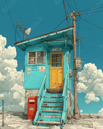 Whimsical Seaside Shack - A Vibrant Escape Under a Cloudy Sky.