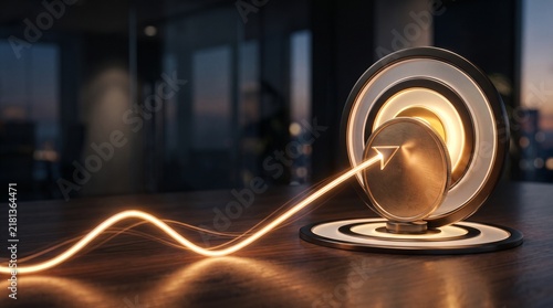Glowing light trail forming an arrow hitting a golden coin on a bullseye target in a dark office, representing precision, success, and growth.