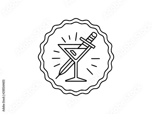 Minimalist Cocktail Glass and Sword Icon inside Wavy Circular Border Line Art