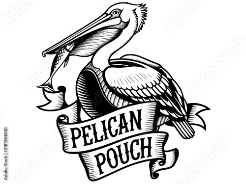 Pelican with Fish and Ribbon Banner Nautical Emblem Line Art