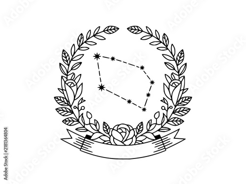 Elegant black and white line art of a star constellation within a floral wreath and a curved blank ribbon