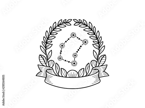 Black and white vector illustration of a star constellation framed by a laurel wreath and a blank banner