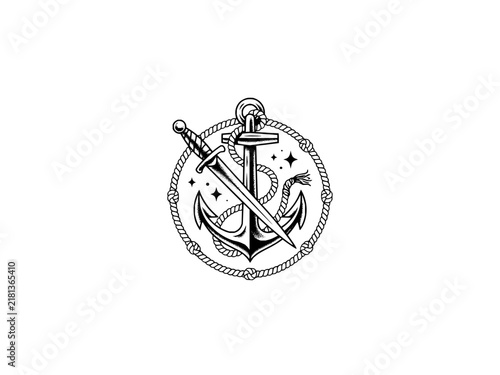 Classic maritime emblem with a crossed anchor and knife surrounded by a knotted rope frame and small stars