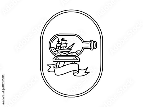Simple line art illustration of a ship in a bottle with a blank banner and oval frame