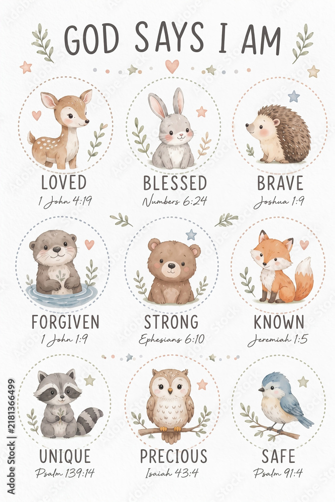 Fototapeta premium God Says I Am Christian nursery wall art print. Watercolor woodland animals Bible verse scripture affirmation poster for baby kids room playroom decor.