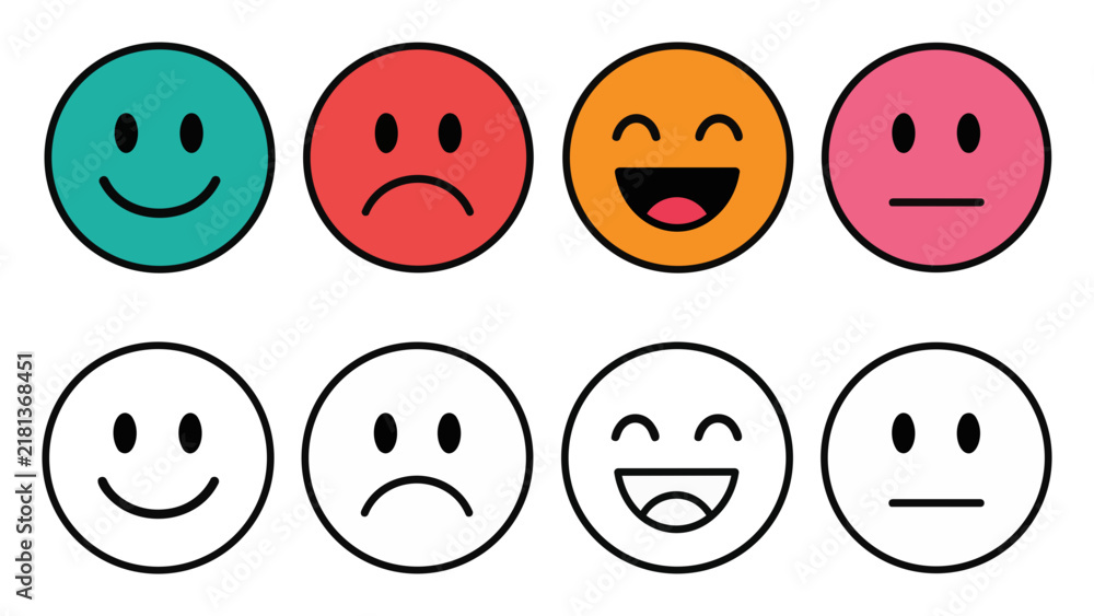 Fototapeta premium Set of colorful and outline emoji faces showing various emotions.
