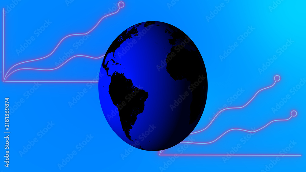Naklejka premium Blue globe with pink neon graphs showing global financial growth and expansion Keywords: globe, earth, world