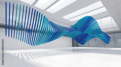 Large abstract blue wave installation made of suspended vertical panels in a bright architectural gallery with installation sculpture architecture interior suspended geometric abstract movement