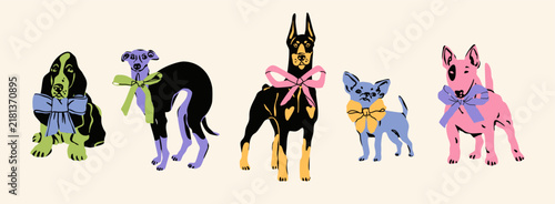 Different cute Dogs with ribbon collars. Various breeds. Funny domestic animals in various poses. Doberman, whippet, chihuahua, bull terrier, basset hound. Hand drawn trendy Vector illustration