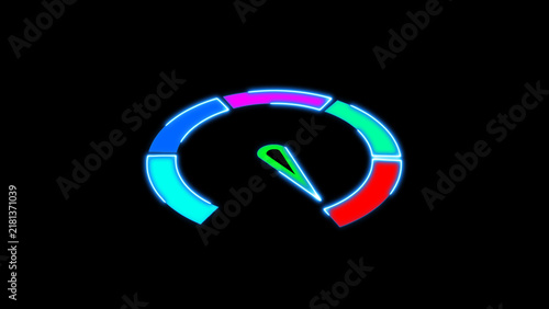 Obraz na płótnie Blue Neon Speedometer Gauge with Colorful Segments and Green Needle dial indicat