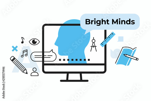 Bright Minds Online Learning Computer Screen Vector Illustration