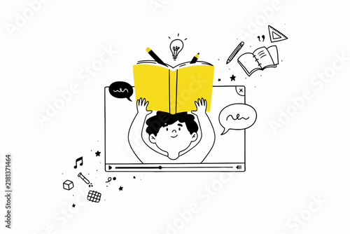 Student Reading Book Online Class Line Art Vector Illustration