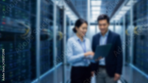 Blurred server room background with it engineers team using laptop defocus abstract space for mockup