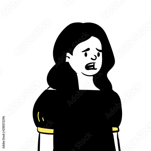 Doodle illustration of a concerned young woman with black hair expressing worry and anxiety through her facial expression
