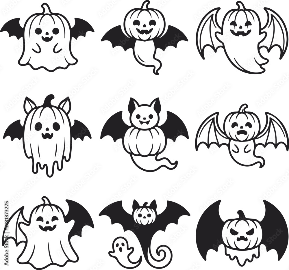 Obraz premium Cute Halloween ghost and pumpkin bat icon set