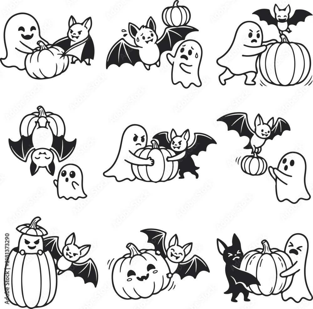 Obraz premium Cute Ghost Bat and Pumpkin Halloween Icon Set