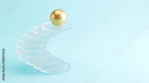 Minimalist golden sphere on glass staircase, abstract business growth concept, elegant leadership and success metaphor on blue background