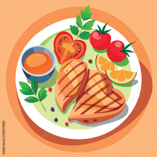 Grilled chicken breast with healthy sides.