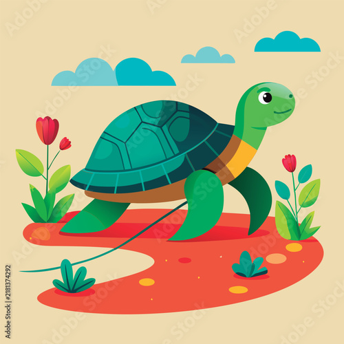 Cute turtle strolling through flowers.