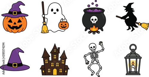Set of cute and spooky Halloween icons featuring ghost, witch, pumpkin, castle, and skeleton
