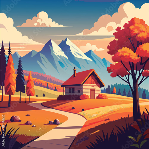 Autumn chalet nestled in mountain valley.
