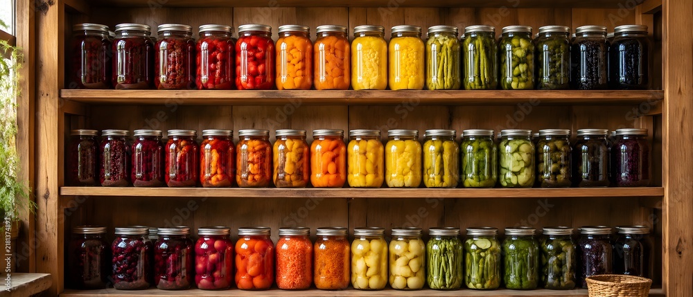 Fototapeta premium Homemade Preserves in Blank Glass Jars Arranged on Wooden Pantry Shelves for Cottage Kitchen Charm