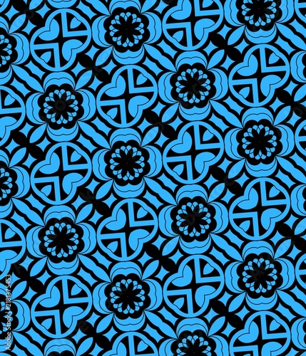 Blue and black seamless floral pattern with intricate ornamental motifs, ideal for textile, wallpaper and decorative designs