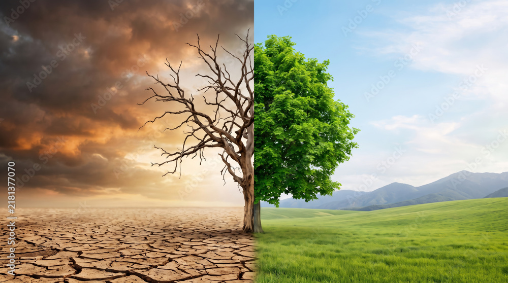 Obraz premium Barren dry grass field contrasts cracked earth with green landscape beside split tree. Global warming climate change disaster. cracked parched arid drought, dead meadow pasture heat