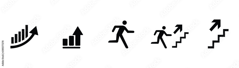 Fototapeta premium Business growth success vector icon set featuring chart bars upward arrow running man climbing stairs concept