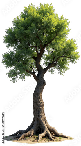 Mature green deciduous tree with thick textured trunk and exposed roots, isolated on transparent background, realistic tree cut out