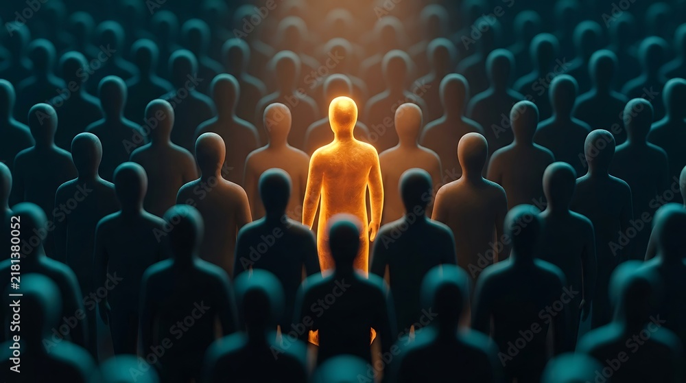 Fototapeta premium One glowing orange person stands out from a dark crowd of figures, symbolizing individuality and leadership against a backdrop of conformity and unity.